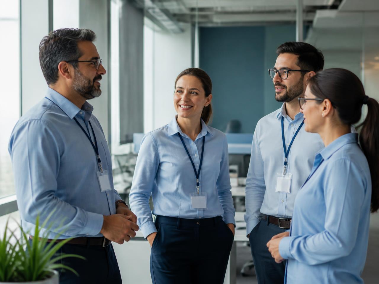 Servidores públicos conversando em ambiente de trabalho